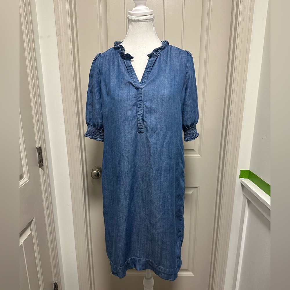 Talbots Blue Chambray Ruffle Neck Shift Dress - image 1
